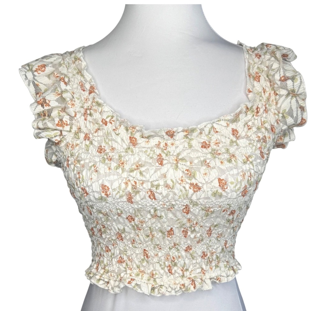 Thirty/Thirty Floral Smocked Lace Crop‎ Top XS Ruffle Sleeve Cream Boho Cottage